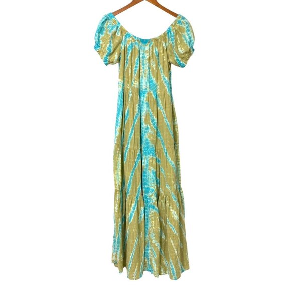 YFB Young Fabulous Broke Off Shoulder Tie Dye Maxi Dress Green Turquoise Size M - Picture 1 of 10